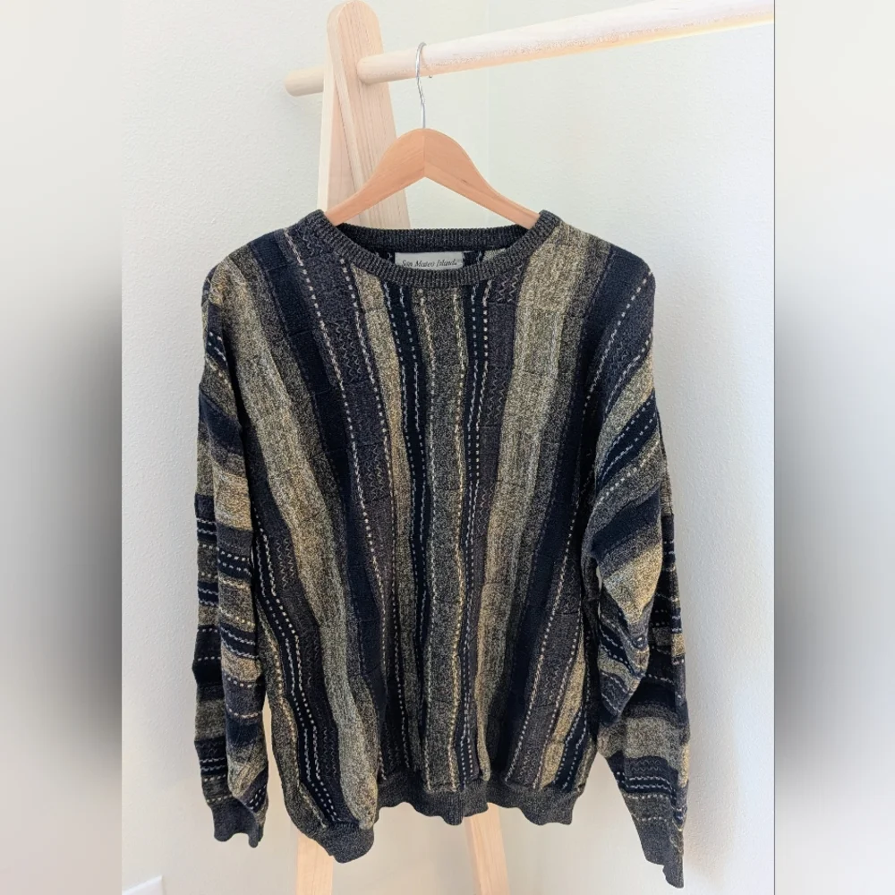 ✨SOLD✨Vintage Coogi Style Textured Earthy Neutral Crewneck Sweater In Navy - Picture 2 of 11